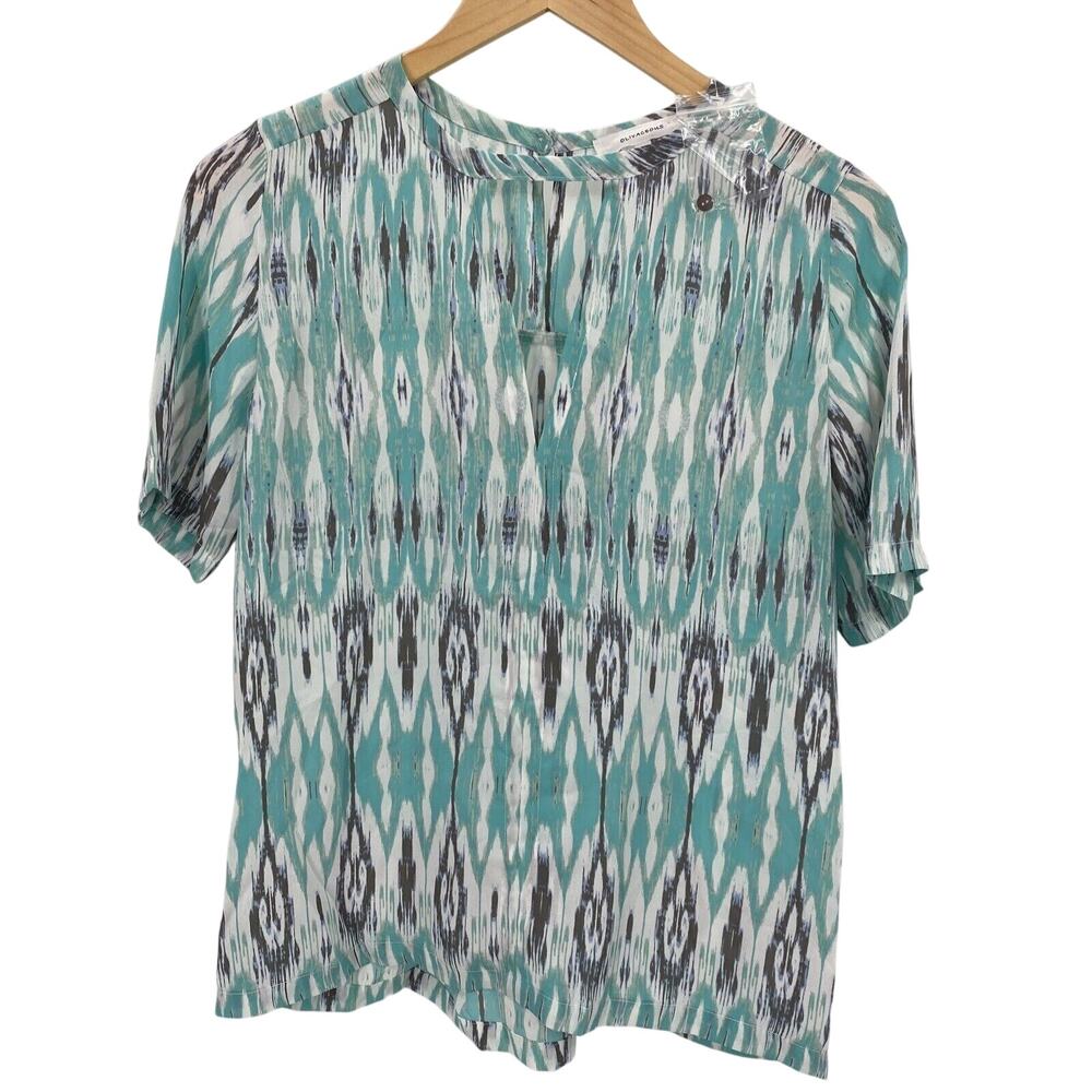 Olivaceous Blouse Womens Small Blue White Gray Short Sleeve Shirt Keyhole Front